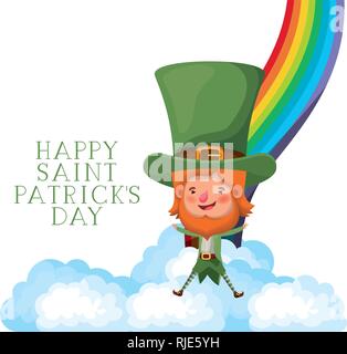 happy saint patrick`s day label with leprechaun and rainbow Stock Vector